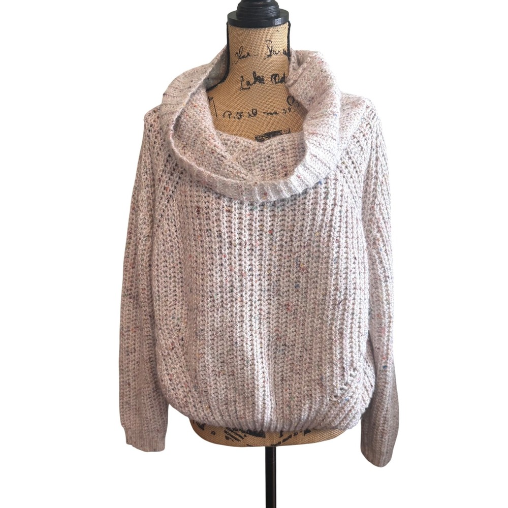 Moon & Madison Womens Confetti Knit Cowl Neck Boho Oversized Sweater Tan Medium